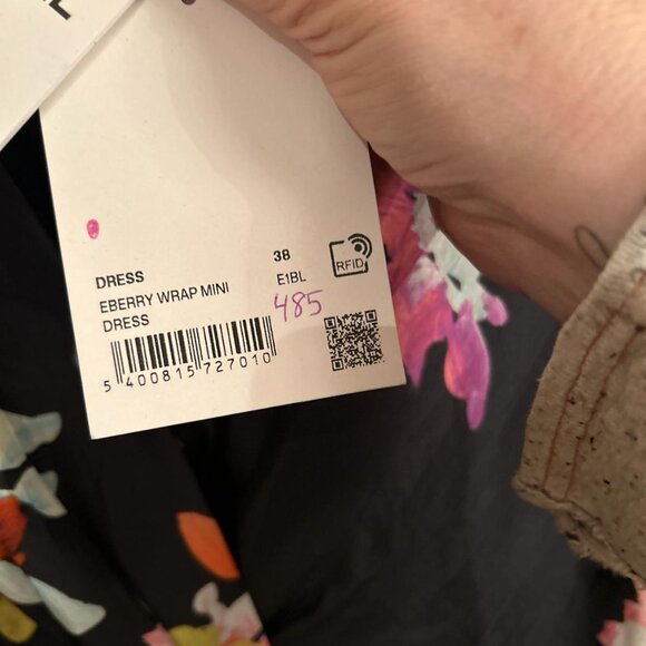 Essentiel Antwerp Women's Black Floral Dropped Shoulder Eberry Wrap Mini Dress - Picture 7 of 7